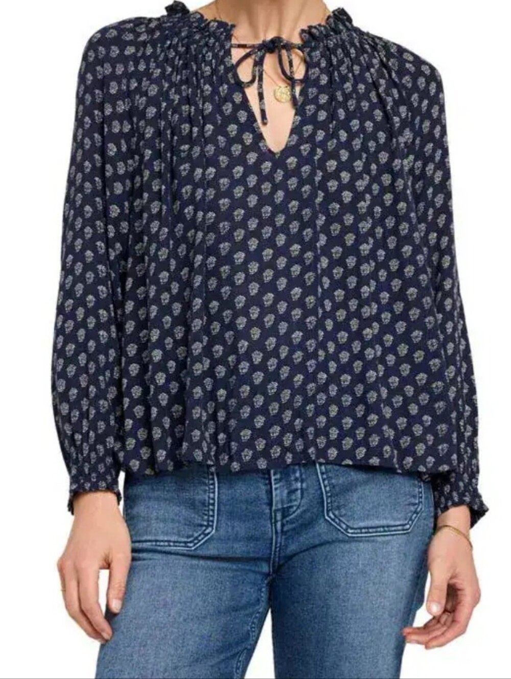 Faherty Emery Print Blouse Womens S Black Floral Viscose Tie Neck Boho Top